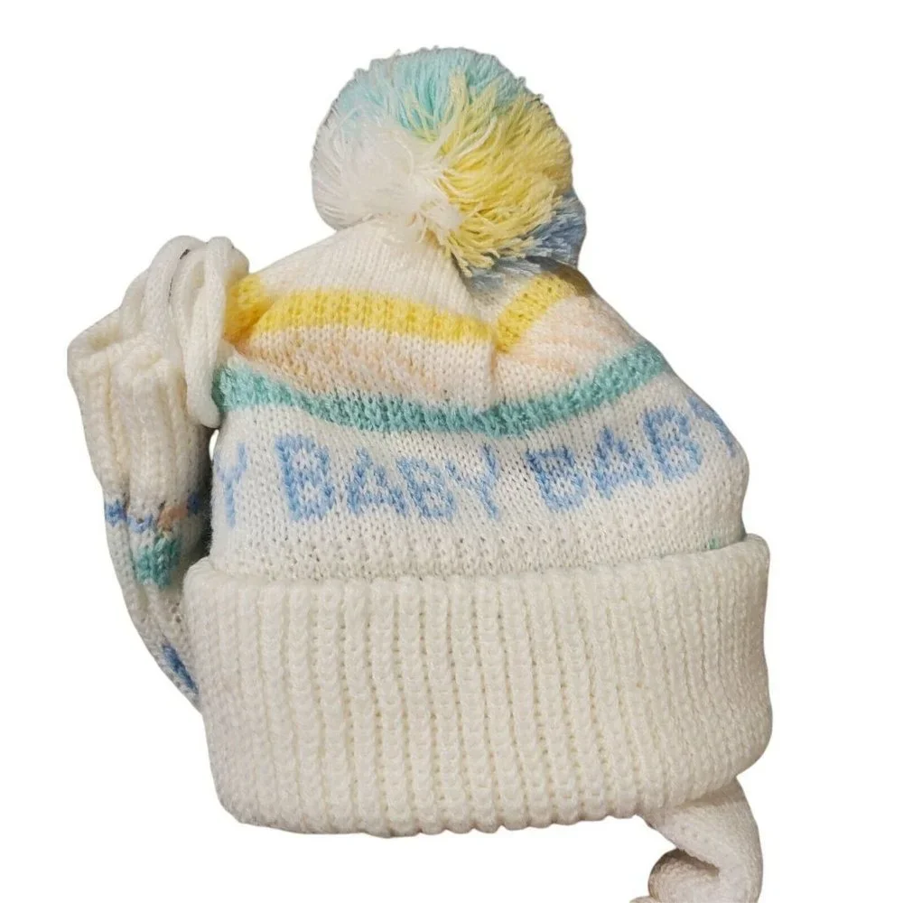 NWOT Vintage 80s Baby Stocking Hat Pom‎ Mittens Knit White Pastel Acrylic
